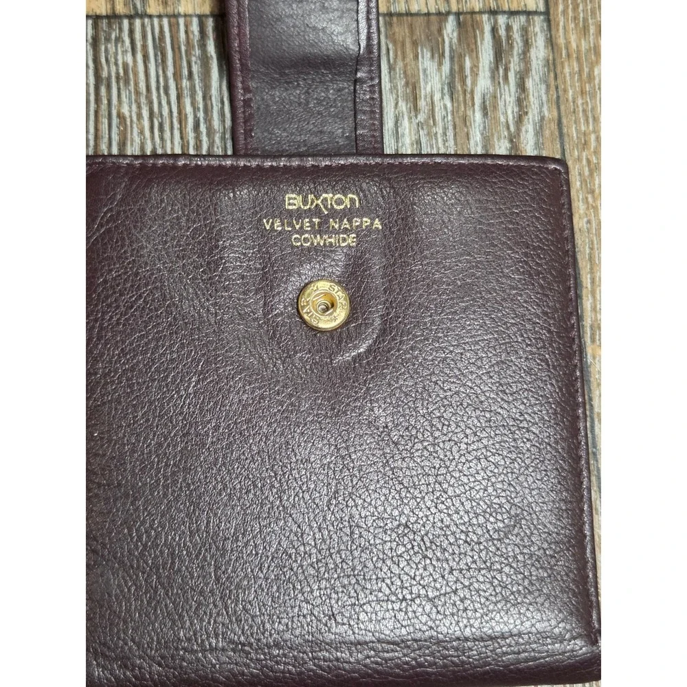 Buxton Velvet Nappa Cowhide Leather Bifold Wallet Burgundy Snap Tab Coin Pocket